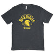 Dark gray t-shirt with yellow text reading "University of Waterloo Warriors 1957" and a warrior helmet graphic, labeled "Waterloo Alumni" beneath.