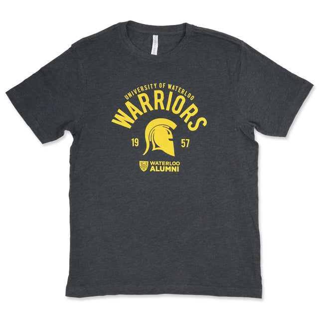 Dark gray t-shirt with yellow text reading "University of Waterloo Warriors 1957" and a warrior helmet graphic, labeled "Waterloo Alumni" beneath.