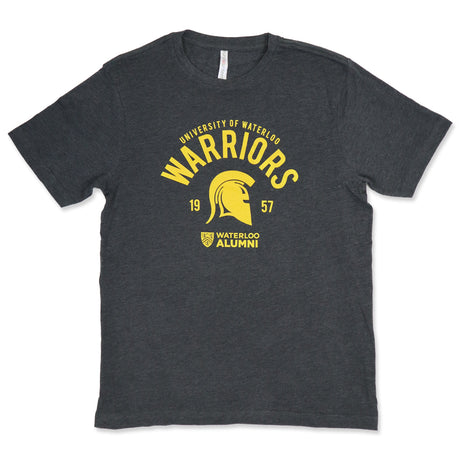 Dark gray t-shirt with yellow text reading "University of Waterloo Warriors 1957" and a warrior helmet graphic, labeled "Waterloo Alumni" beneath.