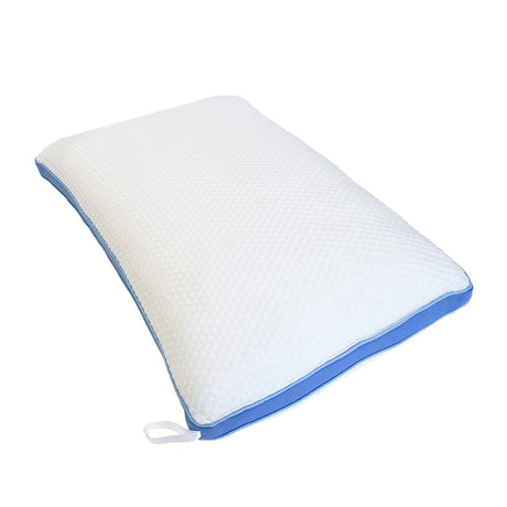 A rectangular pillow with a textured white surface and a blue trim along the edge.