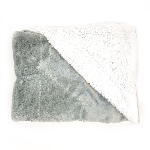 Folded gray fleece blanket with a white fluffy sherpa lining showing at the corner.