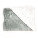 Folded gray fleece blanket with a white fluffy sherpa lining showing at the corner.