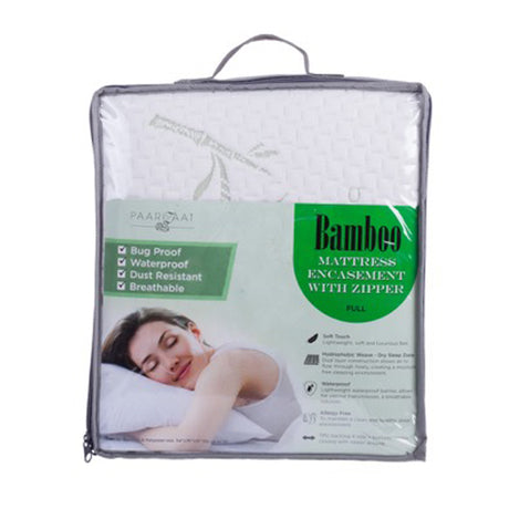 A packaged bamboo mattress encasement with a zipper, labeled "Bamboo Mattress Encapsulation with Zipper," featuring icons for bug proof, waterproof, dust resistant, and breathable properties.