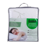 A packaged bamboo mattress encasement with a zipper, labeled "Bamboo Mattress Encapsulation with Zipper," featuring icons for bug proof, waterproof, dust resistant, and breathable properties.