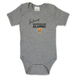 Gray baby onesie with the text "future WATERLOO ALUMNI" and a shield logo.