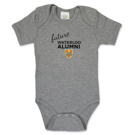Gray baby onesie with the text "future WATERLOO ALUMNI" and a shield logo.