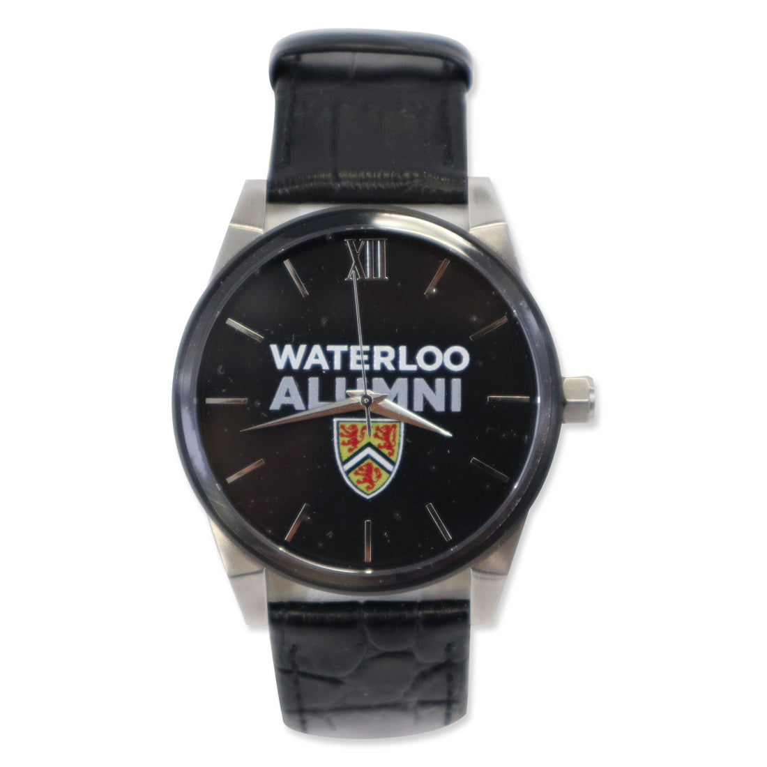 A black wristwatch with a silver case, featuring the text "WATERLOO ALUMNI" and a colored crest on a black dial. The strap is black and textured.