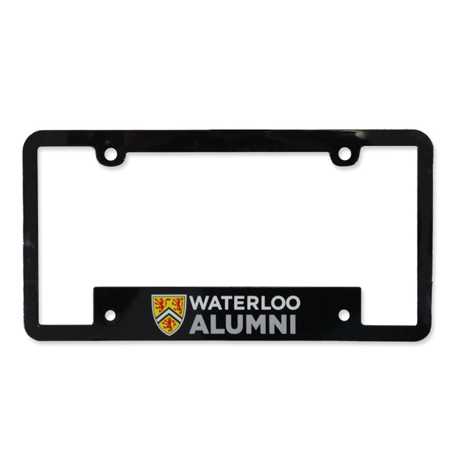 Black license plate frame with "WATERLOO ALUMNI" text and a coat of arms logo.