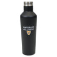 Black insulated water bottle with "WATERLOO ALUMNI" printed in white and a shield logo.
