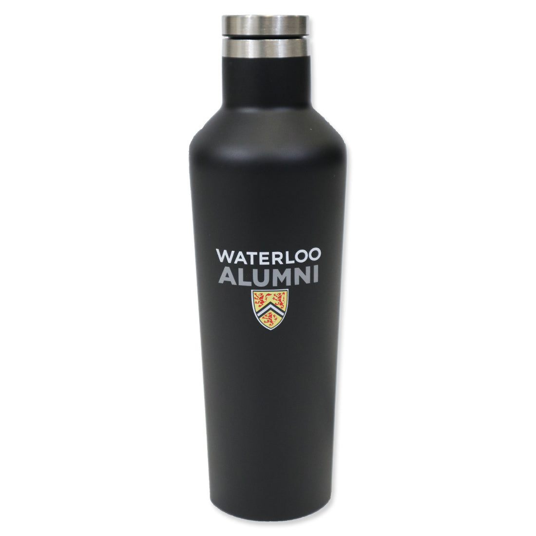 Black insulated water bottle with "WATERLOO ALUMNI" printed in white and a shield logo.