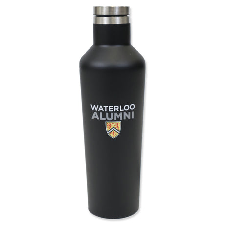 Black insulated water bottle with "WATERLOO ALUMNI" printed in white and a shield logo.
