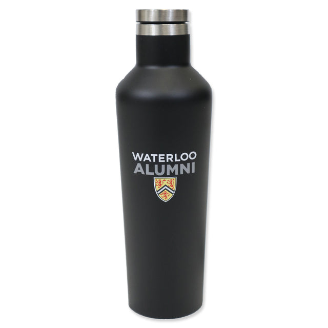 Black insulated water bottle with "WATERLOO ALUMNI" printed in white and a shield logo.