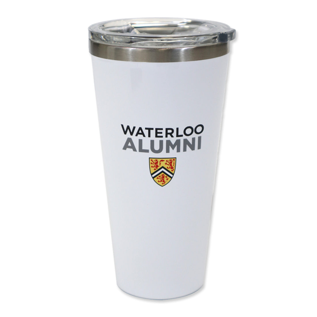 White travel mug with "WATERLOO ALUMNI" printed in gray and a crest logo.