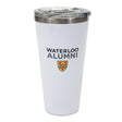 White travel mug with "WATERLOO ALUMNI" printed in gray and a crest logo.