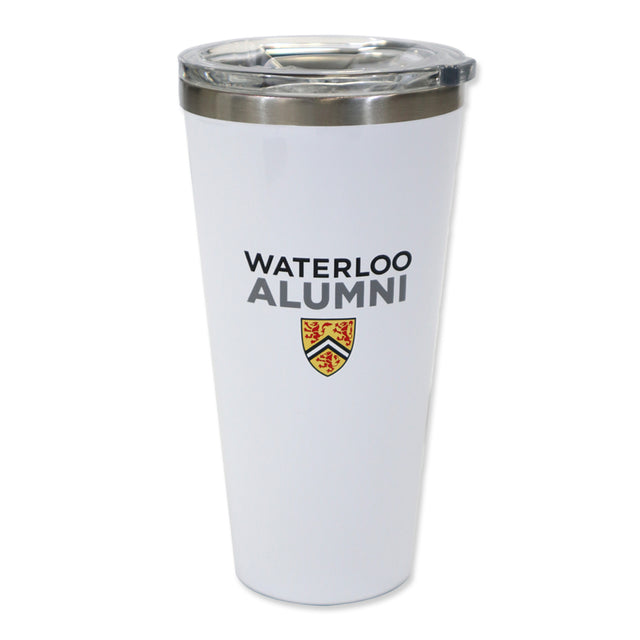 White travel mug with "WATERLOO ALUMNI" printed in gray and a crest logo.