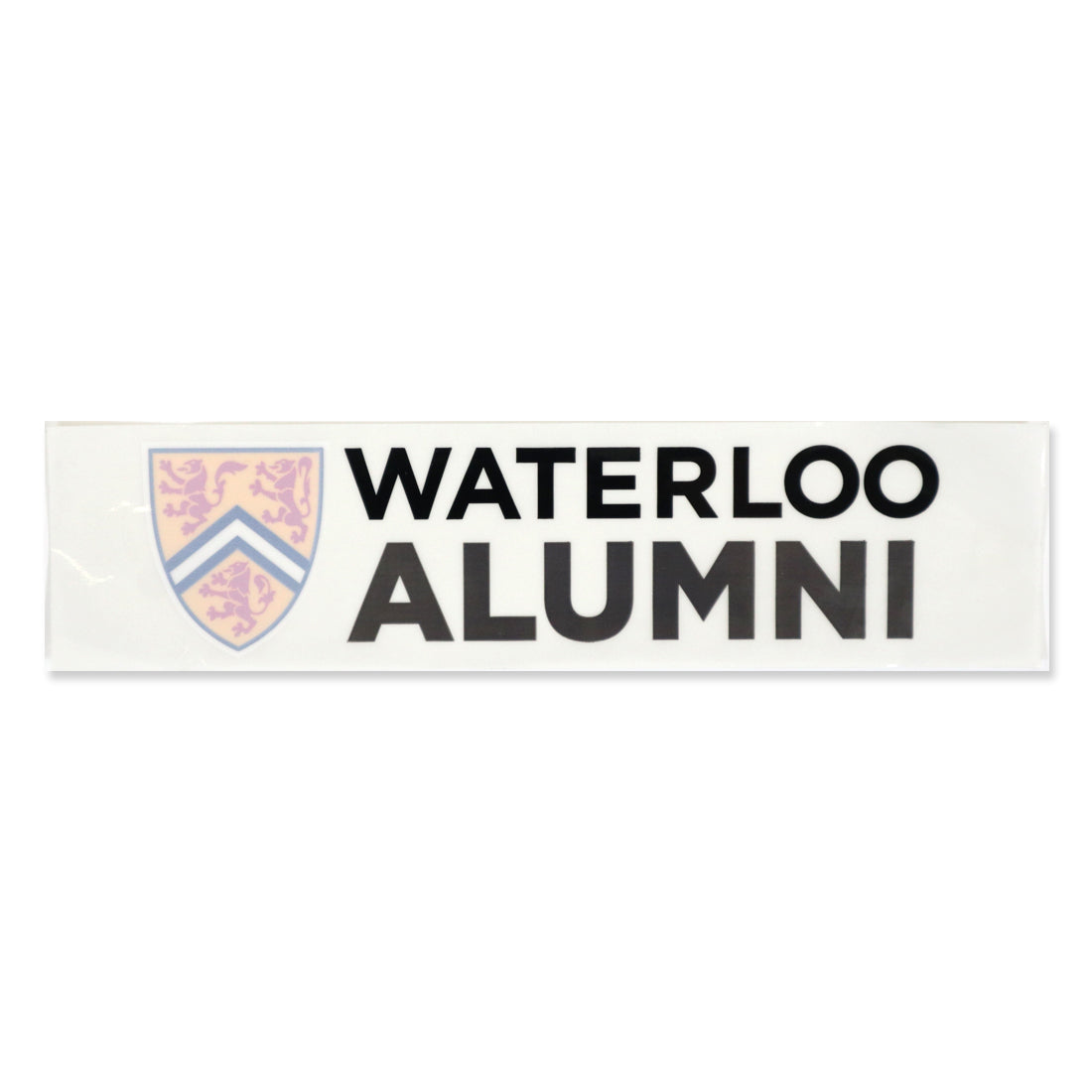 A sticker displaying the text "WATERLOO ALUMNI" next to a purple and blue shield emblem.
