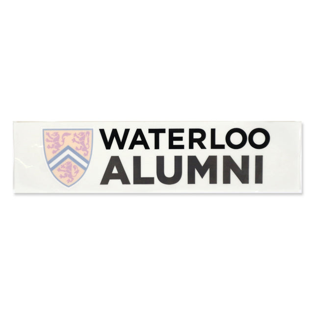 A sticker displaying the text "WATERLOO ALUMNI" next to a purple and blue shield emblem.