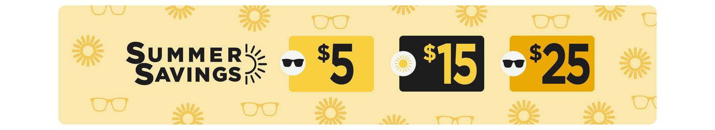 A promotional banner with the text 'SUMMER SAVINGS' and three price boxes showing $5, $15, and $25, decorated with yellow sun and sunglasses icons on a pale yellow background.