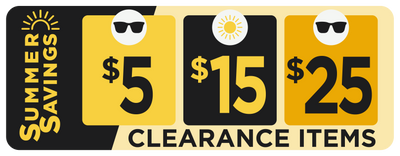 A promotional sale graphic reading 'Summer Savings' and 'Clearance Items' with three price panels showing $5, $15, and $25, decorated with sunglasses and sun icon motifs.